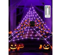 Evolpor Halloween Decorations Outdoor Light Up Giant Spider Web with 50in Furry Spider, Outdoor Halloween Decorations with Remote-Controlled Spider Web Decoration & 20 Small Spiders for Garden House