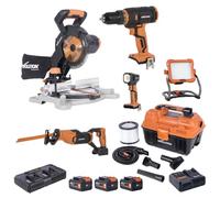Evolution Power Tools, Cordless Power Tool Kit, Mitre Saw 185mm, R11VAC, Reciprocating Saw, Combi Drill, Work Light & Torch, Double Rapid Charger & A Single Charger + 3X 4Ah Batteries,