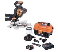 Evolution Power Tools, R185CMS-Li Bare Cordless Mitre Saw Multi-Material Cutting, Cuts Wood with Nails, Metal, Plastic & More & R11VAC Loaded Vacuum Cleaner Wet and Dry Vac Battery & Charger Included