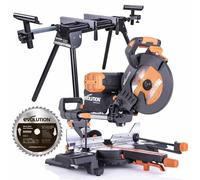 Evolution Power Tools R255SMS-DB+ 255mm Mitre Saw, Saw, Double Bevel Sliding Mitre Saw, Multi-Material Cuts Metal, Wood, Plastic & More - with Plus Pack Includes Clamps, Double Bevel & Stand Bundle