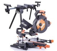 Evolution Power Tools R255SMS+ Mitre Saw, Saw, Multi-Material Cutting Blade, Chop Wood Metal Plastic, 45° Bevel, 50° Mitre Angle, 300mm Slide, 2000 W, 255 mm, Sliding Compound & Stand Bundle
