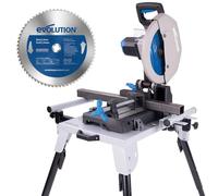 Evolution Power Tools, S355CPS 355mm, Chop Saw, for Cutting Metal Long Life TCT Tungsten Carbide Blade Included for Cutting Mild Steel, Cold Cut, Virtually No Sparks, 45 Degree & Stand Bundle