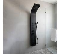 EVOLVE Manually Controlled Thermostatic Shower Panel Tower System - 5-in-1 Smart Shower Column with Waterfall & Rainfall Shower Head, 48 Body Jets, Bath Panel - Modern Black Shower