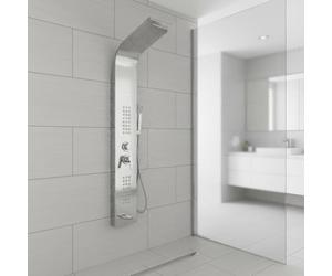 EVOLVE Manually Controlled Thermostatic Shower Panel Tower System - 5-in-1 Smart Shower Column with Waterfall & Rainfall Shower Head, 48 Body Jets, Bath Panel - Modern Chrome Shower