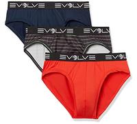 Evolve Men's Micro Sport 3 Pack No Show Brief, Fiery Red/Progressing Stripe-Alloy/Varsity Navy, L