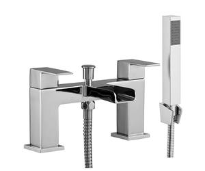 EVOLVE Niagara Square Bath Shower Mixer Tap with Handset - Chrome & Matt Black, Deck Mounted Waterfall Bath Filler, Dual Lever, Modern Bathroom Tap with Diverter, Brass Construction (Chrome)