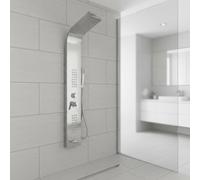 EVOLVE Thermostatic Shower Panel Tower System - 5-in-1 Smart Shower Column with Waterfall & Rainfall Shower Head, 48 Body Jets, Bath Panel - Modern Black Gold LED Shower System for Home Spa