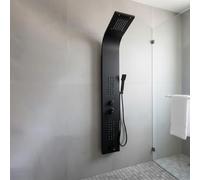 EVOLVE Thermostatic Shower Panel Tower System - 5-in-1 Smart Shower Column with Waterfall & Rainfall Shower Head, 48 Body Jets, Bath Panel - Modern Black Gold LED Shower System for Home Spa