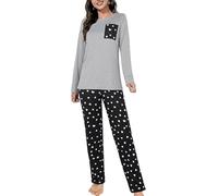 Evolyline Pyjamas for Women Long Sleeve Round Neck Ladies Pyjamas Loungewear Wide Leg 2 Pieces Pajamas Set Cosy Nightwear