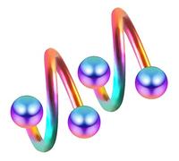 Evonix 2pc Rainbow 1.2mm 16g Surgical Steel Twisted Barbell 4mm Ball Spiral Cartilage Earrings Lip Tragus Eyebrow Hoop Helix - 6mm