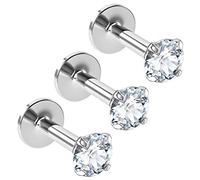 Evonix 3pc Internally Threaded Lip Labret Bar Piercing Studs Surgical Steel 6mm 1/4 Helix Monroe Dahlia Tragus Cartilage Snake Bites 4mm CZ Crystals