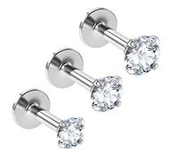 Evonix 3pc Internally Threaded Lip Labret Bar Piercing Studs Surgical Steel 6mm 1/4 Helix Monroe Dahlia Tragus Cartilage Snake Bites 3mm 4mm 5mm CZ Crystals