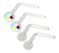 Evonix 4pc 0.8mm 20g 0.8mm Nose Ring Bars L-Shaped Nose Ring Bar Bioflex Clear Cute Flexible Bend Shape Studs Nostril Piercing 2.5mm AB Crystal Retainer Keepers