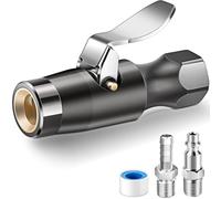 EVOULTES Closed-Flow Air Chuck, Heavy Duty Two Steel Jaws Lock on Brass Tire Chuck with Clip, No Leakage, 1/4" FNPT Quick Plug Tire Inflator Nozzle for Air Compressor Accessories, Up to 300 PSI