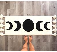 Evovee Half Moon Rug Boho Bathroom Rug Moon Phases Bath Mat with Tassels Bohemian Runner Bedroom Decor Bathroom Bedroom Shower Hippie Witchy Decor Boho Area Rug Beige Cream Taupe Black White