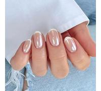 evpct Nude White French Tip Chrome Glazed Press on Nails Short Round Oval | No Glue, Women Manicure with Kit, Soft Reusable, Perfectly Fit, Acrylic Fake Nail, Salon-quality, Full Cover, Daily Wear