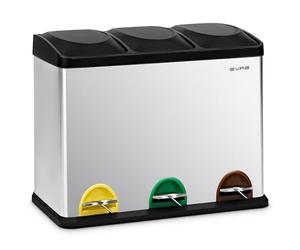 EVRE 45 Litre Bin with 3 15 L Compartments with Removable Inner Buckets and Handles for Waste Separation Recycling Trash Can (Silver)
