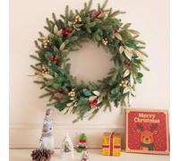 Evre 60 Cm Pre-Lit 50 Led Christmas Wreath With Artificial Berries & Golden Accents For Indoor, Wall Hanging Decoration