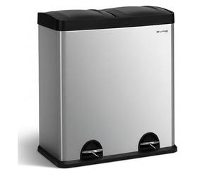 EVRE 60 Litre Stainless Steel Recycling Pedal Bin 2 x 30 L Compartments with Removable Inner Buckets and Handles for Waste Separation Recycling Trash Can (Silver)
