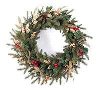 EVRE 60cm Evergreen Christmas Wreath for Front Door, 120 Tips, Green | Unlit artificial wreath with 120 PVC/PE tips, red berries and gold leaf accents for indoor or sheltered outdoor displays.