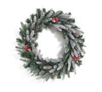 EVRE 60cm Frosted Christmas Wreath for Front Door, 100 Tips, Unlit | Snow-dusted green foliage with pine cones and red berries; 100 PVC/PE tips; indoor or sheltered outdoor use