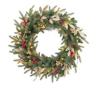 EVRE 60cm Pre-Lit Christmas Wreath for Front Door, 50 LED Lights, Green | 120 PVC/PE tips, red berries, pine cones and gold accents | 3 AA batteries required (not included) | sheltered outdoor use