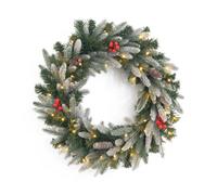 EVRE 60cm Pre-Lit Frosted Christmas Wreath for Front Door, 50 LEDs | 50 Warm White LEDs | 100 Artificial Foliage Tips | Red Berries and Pine Cones | Batteries Not Included.