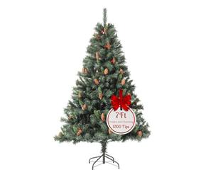 EVRE 7FT Artificial Christmas Tree Green 1200 Tips Pine Cones & Red Berries Metal Stand Easy Assembly Realistic Branches Fir Christmas Tree 7FT 210cm Large Xmas Tree Indoor Outdoor Holiday Decorations