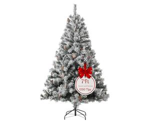 EVRE 7FT White Snow Flocked Artificial Christmas Tree 1200 Tips Xmas Pine Red Berries Metal Stand Fir Spruce Green Large Tree 210cm Hinged Branches Realistic Easy Assembly Indoor Holiday Decorations