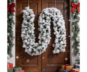 Evre 9Ft, 275Cm Snow Frosted Artificial Christmas Garland, Pine Cone, Berries Branches, Indoor, Wall Hanging Decoration
