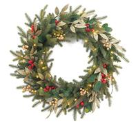 EVRE Pre-Lit 24inch Christmas Wreath | 50 Warm LED Lights, Artificial Evergreen with Berries & Gold Accents, Full 120-Tip Front Door Xmas Wreath for Indoor or Outdoor (Sheltered) Use.