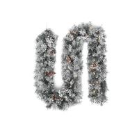 EVRE Pre-Lit 9Ft 275cm LED Christmas Garland with Artificial Berries, Pine Cones, Snow Frosting, Indoor, Wall Hanging Decoration