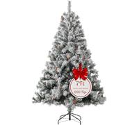EVRE White Snow Flocked Artificial Christmas Tree Xmas Pine Red Berries Metal Stand Fir Spruce Green Hinged Branches Realistic Easy Assembly Indoor Holiday Decorations (7ft)