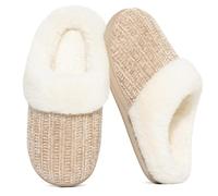 Evshine Warm Knit House Slippers for Women Comfy Wool-Like Lined Chenille Slippers with Memory Foam and Indoor Outdoor Soles Khaki,Size 5-5.5