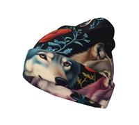 EVSvcxz Wolves and Colorful Flowers Print Beanie Knit Hat for Women and Men, Warm Winter Skull Cap, Slouchy Cable Cuffed Ski Hat Black