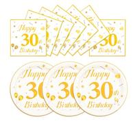 EVYIENEN 50PCS 30th Happy Birthday Plates and Napkins,7 Inch Premium Wihte and Gold Birthday Dessert Cake Plates Party and Cocktail Napkin for Men and Women Table Anniversary Decoration