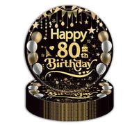 EVYIENEN 50Pcs Black and Gold 80th Birthday Paper Plates,9inch Happy Birthday Disposable Paper Plates Party Decorations for Man Women 80th Party Supplies