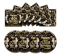 EVYIENEN 50Pcs Happy Birthday Black and Gold 40th Paper Plates and Napkins Set, 25x7inch Plates & 25x6.5inch Napkins, Disposable Party Supplies for 40th Birthday