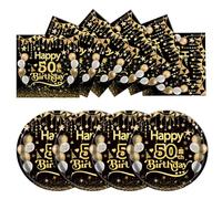 EVYIENEN 50Pcs Happy Birthday Black and Gold 50th Paper Plates and Napkins Set,25x7inch Paper Plates & 25x6.5inch Napkins Disposable Paper Plates Party Supplies for Man 50th Birthday