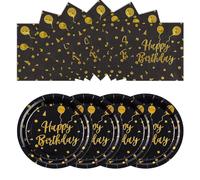 EVYIENEN 50PCS Happy Birthday Black Gold Paper Plates & Napkins Set, 25x7in Plates & 25x6.5in Napkins - Disposable Party Supplies for Wedding, Birthday, Graduation, Christmas