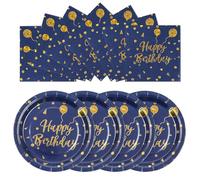 EVYIENEN 50PCS Happy Birthday Blue Gold Paper Plates & Napkins Set, 25x7in Plates & 25x6.5in Napkins - Disposable Party Supplies for Wedding, Birthday, Graduation, Christmas