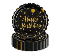 EVYIENEN 50PCS Happy Birthday Paper Plates,7 Inch Disposable Black and Gold Birthday Cake Plates Scalloped Dessert for Decorations Party Supplies