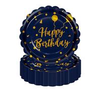 EVYIENEN 50PCS Happy Birthday Paper Plates,7 Inch Disposable Dark Blue and Gold Birthday Cake Plates Scalloped Dessert for Decorations Party Supplies
