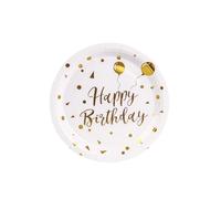 EVYIENEN 50PCS Happy Birthday Party Paper Plates，7inch Disposable White and Gold Plates Set，Party Tableware Party Supplies for Birthday Decorations (White and Gold, 7inch)