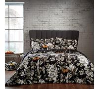 Lavish 200 Thread Count Floral Piped Cotton Sateen Duvet Cover Set Edinburgh Weavers Black Double