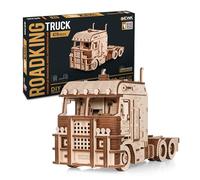 EWA Eco-Wood-Art Truck Road King Mechanical 3D Model Truck is Equipped with a Wind-Up Metal Spring Motor and Rotating Front Wheels, Natural