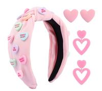 Ewaycom Pink Heart Headband for Women Love Letter Heart Candy Embellished Wide Top Knotted Headband with 2 Pair Heart Earrings Romantic Hair Accessories