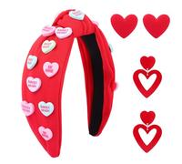 Ewaycom Red Heart Headband for Women Love Letter Heart Candy Embellished Wide Top Knotted Headband with 2 Pair Heart Earrings Romantic Hair Accessories