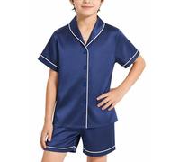 Ewbob Boys Silk Satin Pyjamas Set Short Sleeve Button-Down Kids PJs Breathable Soft Nightwear Children Sleepwear Age 5-14(C36-004)-Plain Navy-13-14Y