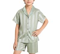 Ewbob Boys Silk Satin Pyjamas Set Short Sleeve Button-Down Kids PJs Breathable Soft Nightwear Children Sleepwear Age 5-14(C36-003)-Green-11-12Y